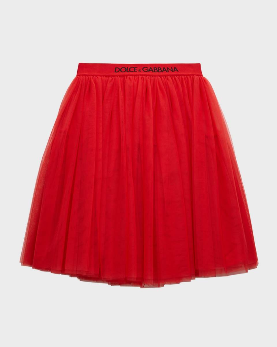 Girl's Logo-Tape Waist Tulle Skirt, Size 8-14